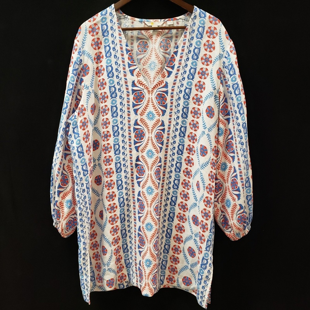 Boden Womens Linen Sky Tie Waist Kaftan Dress Size 16/18R Mediterrean V Neck